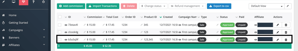 Post Affiliate Pro sale object with combined product information