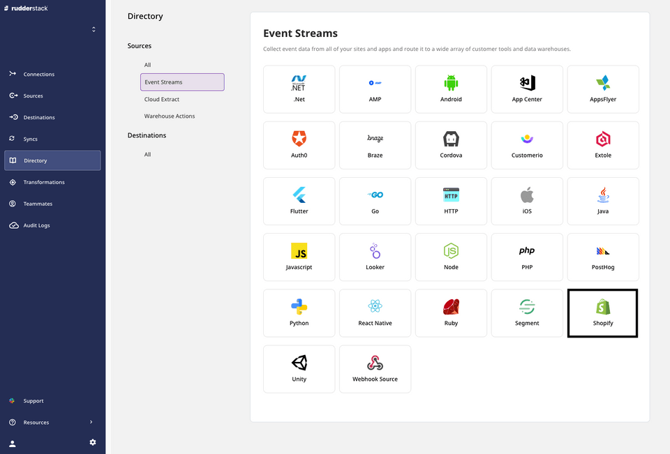 Shopify source in RudderStack dashboard