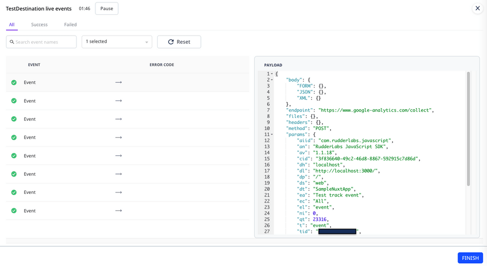 Events sent to the destination