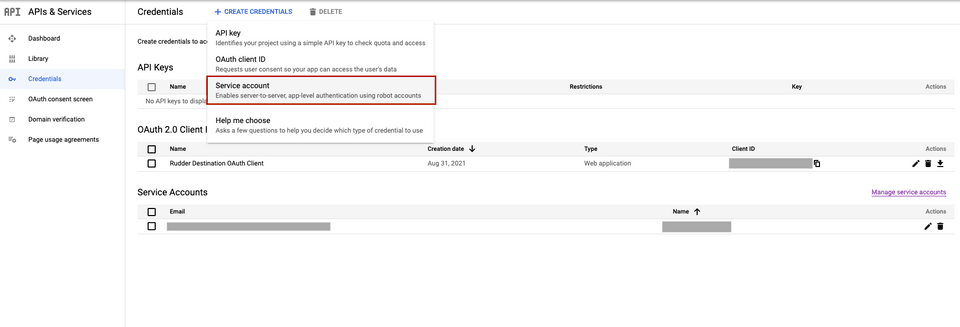 Service account under Create Credentials Service account under Create Credentials