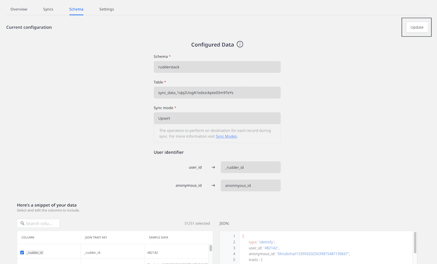 Updating table selection