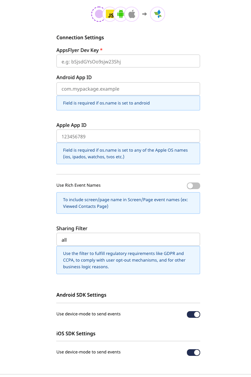 AppsFlyer connection settings in RudderStack AppsFlyer connection settings in RudderStack