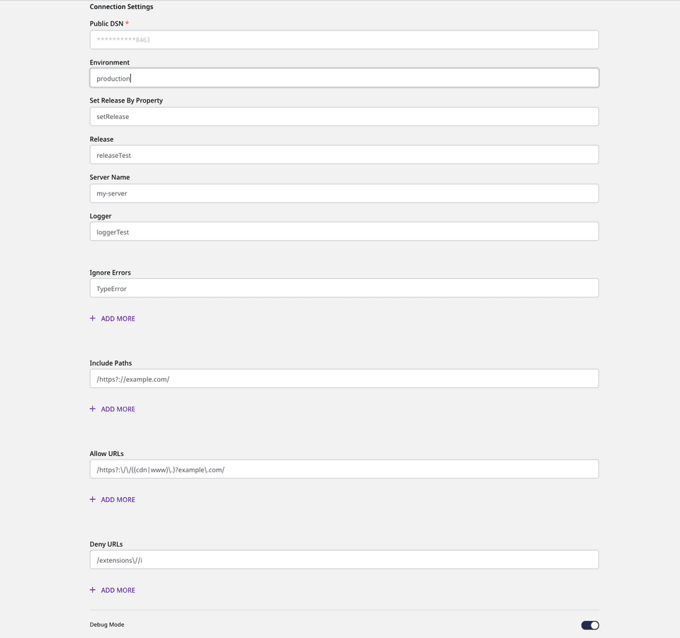 Configuration settings for sentry