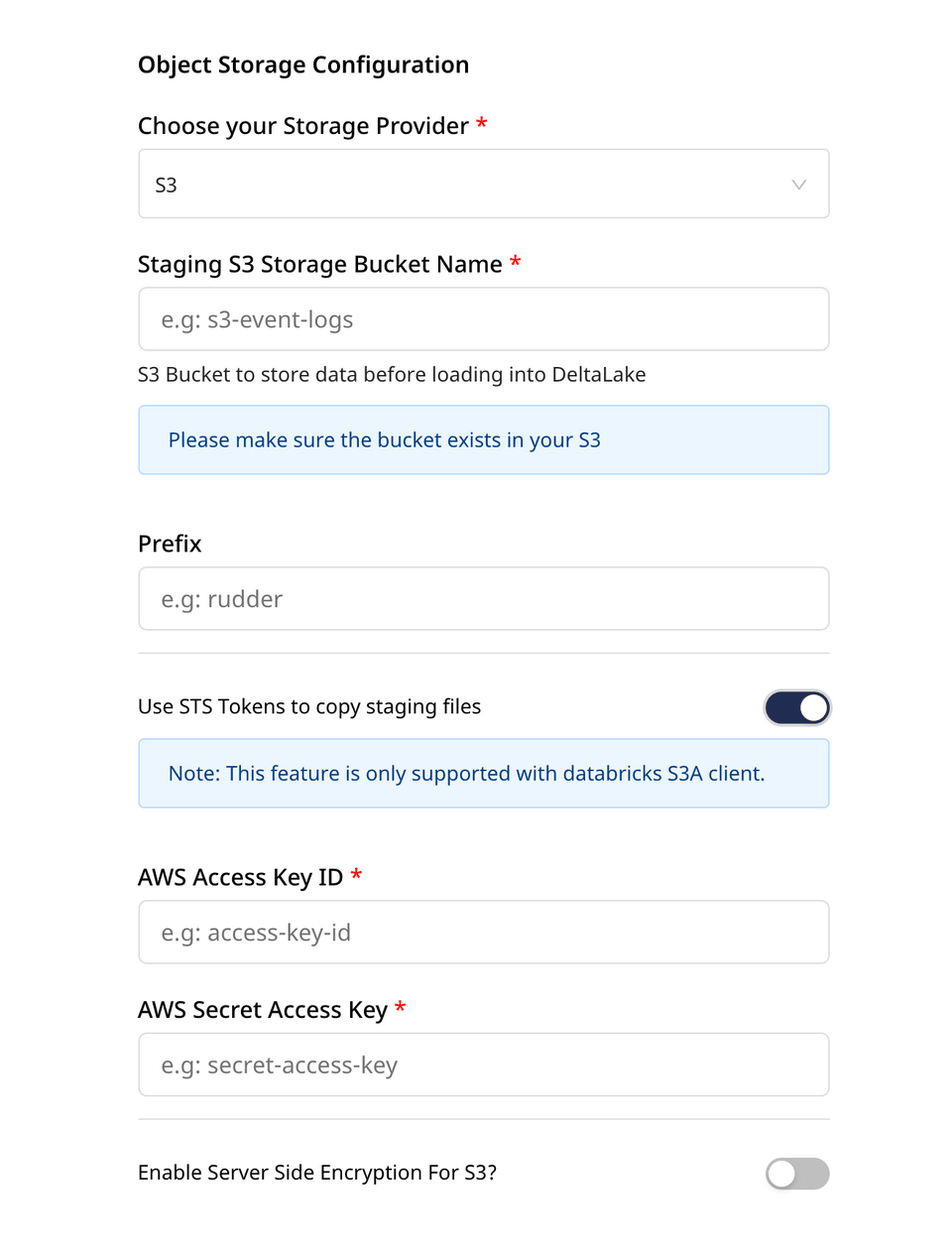 S3 settings in RudderStack dashboard