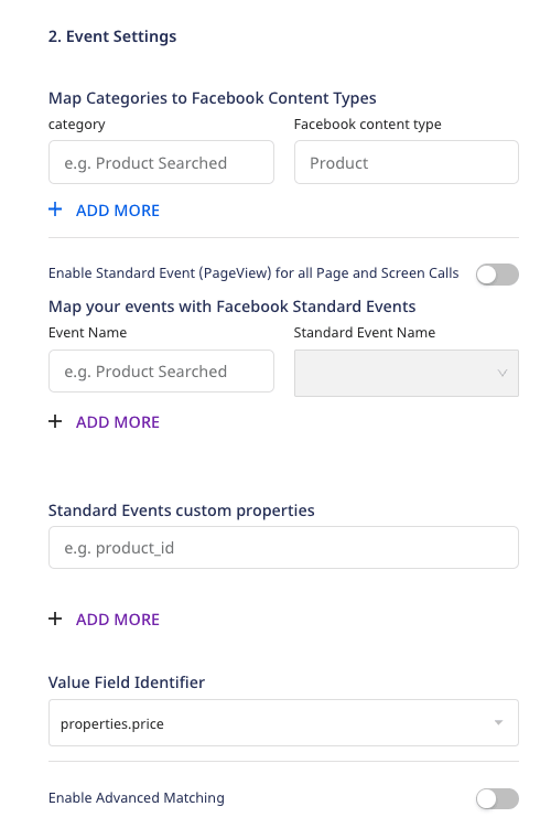 Facebook Pixel connection settings