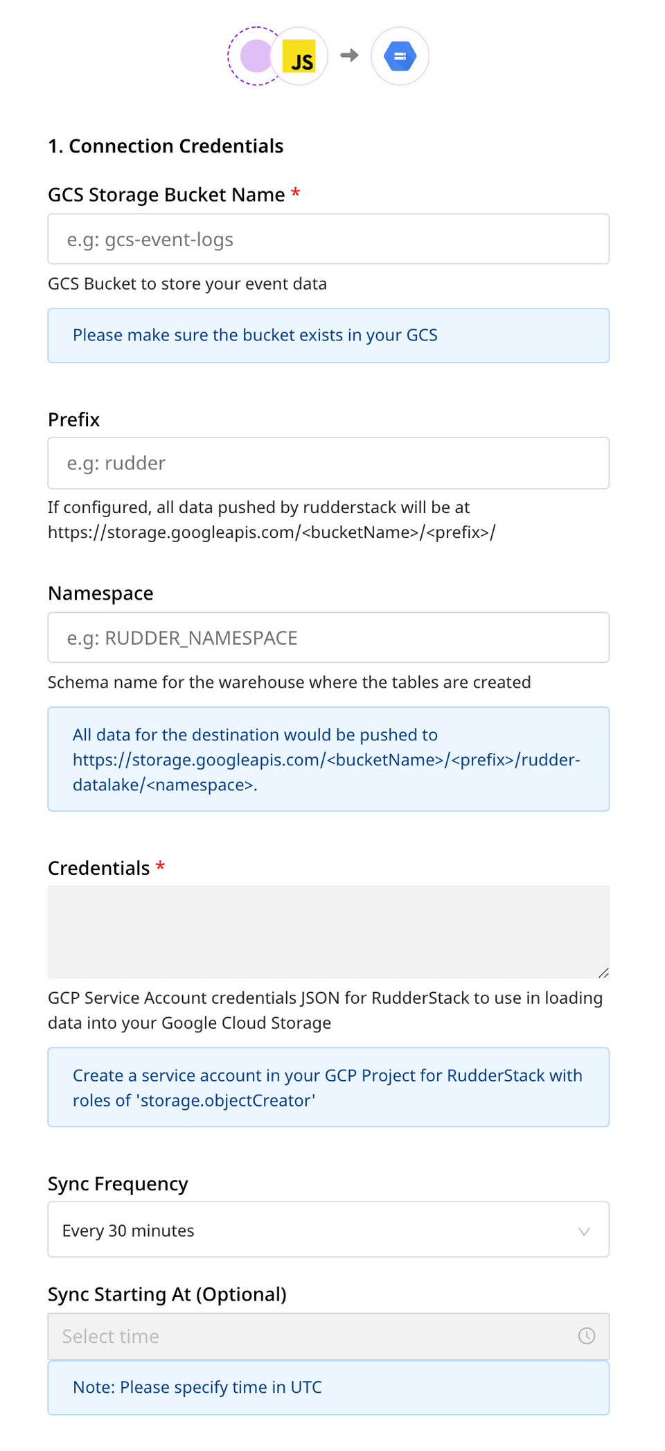 GCS data lake destination settings in RudderStack