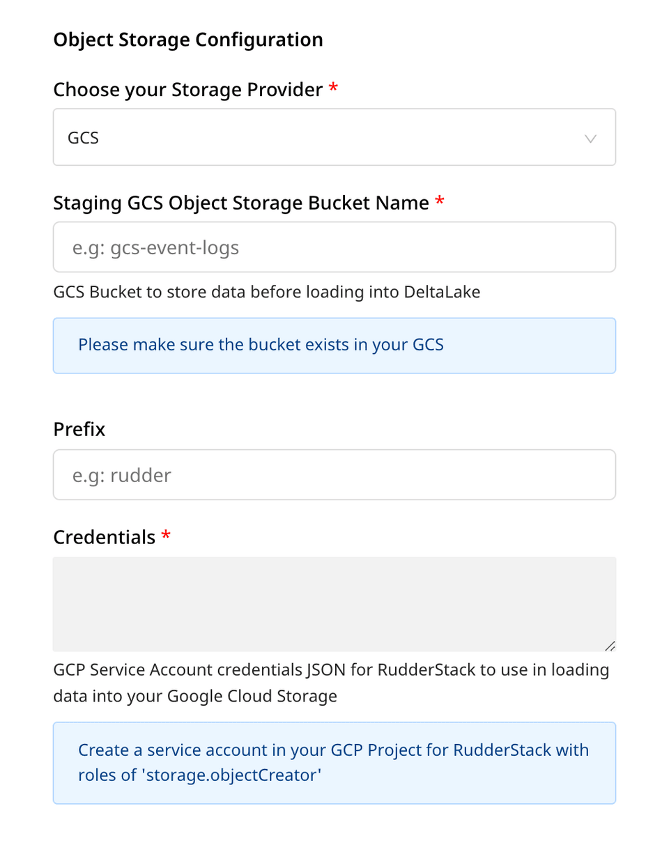 GCS bucket settings in RudderStack dashboard