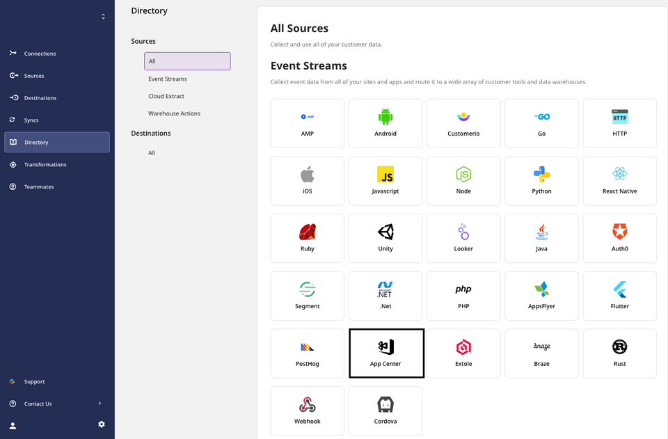App Center source in RudderStack dashboard App Center source in RudderStack dashboard